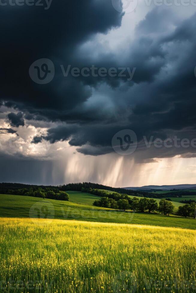 Dynamic weather transformation showcasing clouds, rainbows, and sunshine in a serene landscape photo
