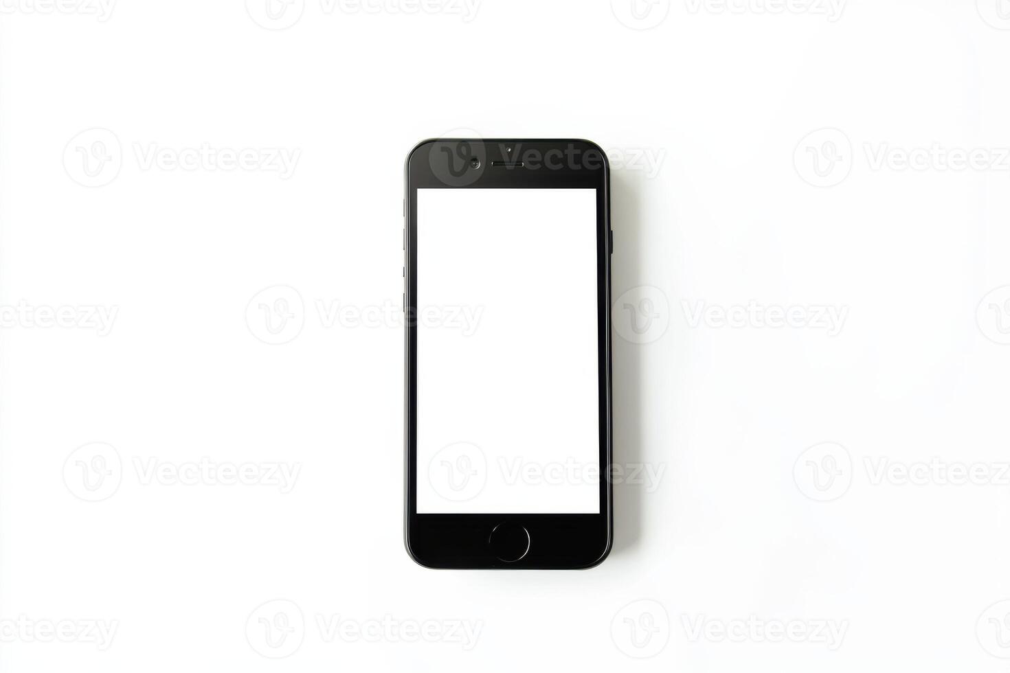 Professional smartphone with blank white screen on clean white background in studio setting photo