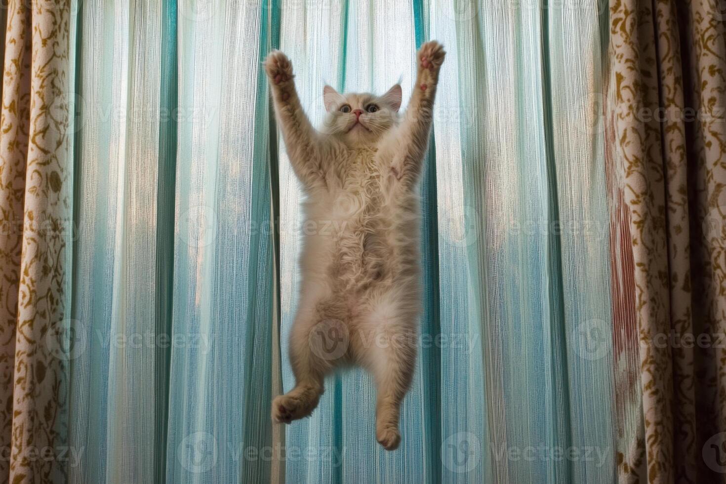 Cat hilariously attempts curtain climbing with comical results in a cozy living room photo