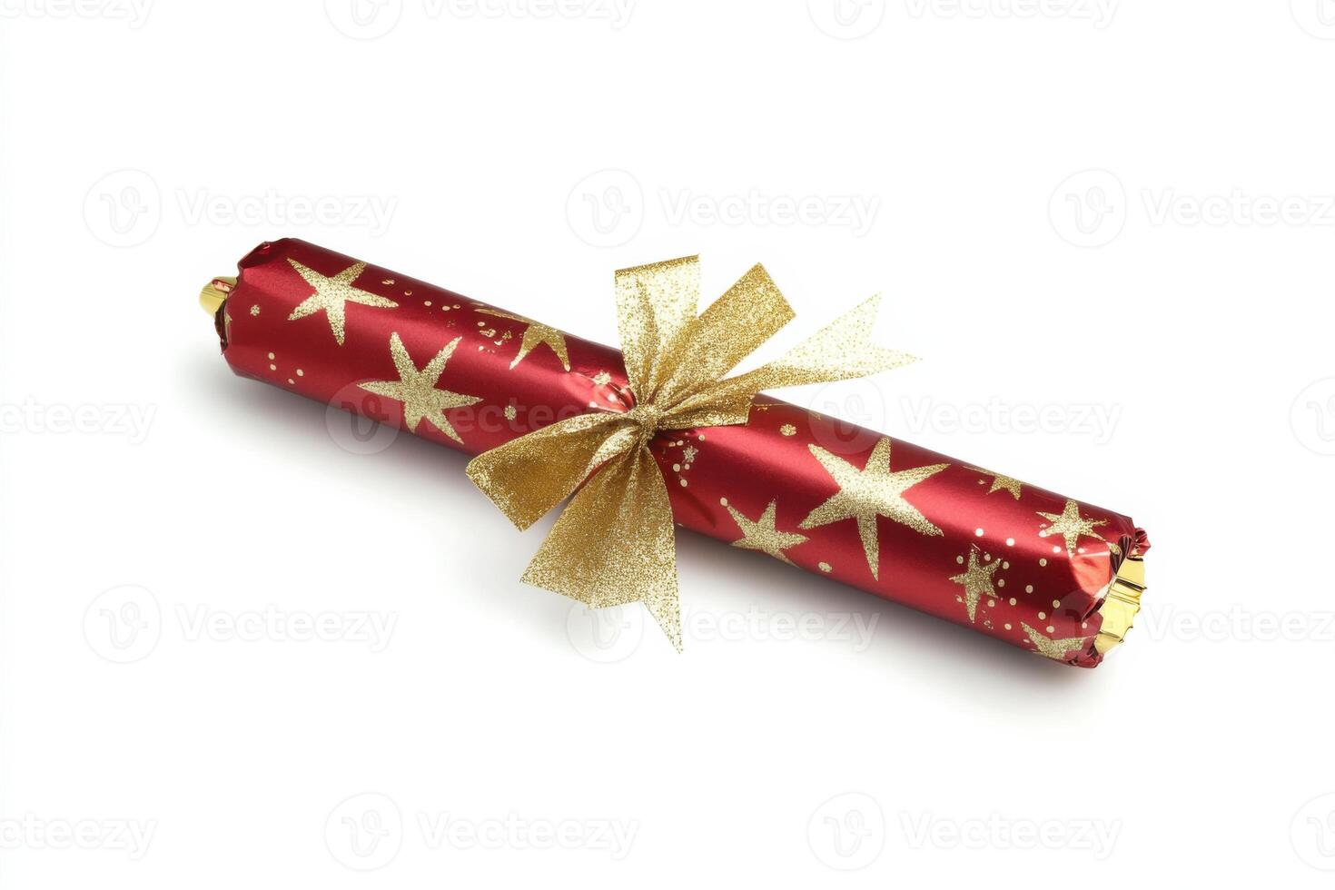 Holiday cracker on a white background with bright gold accents for festive celebrations photo