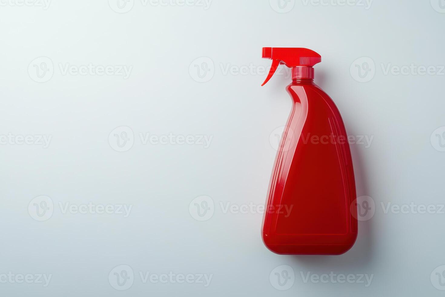 High quality photo of household cleaning products showcasing a red spray bottle on a white background