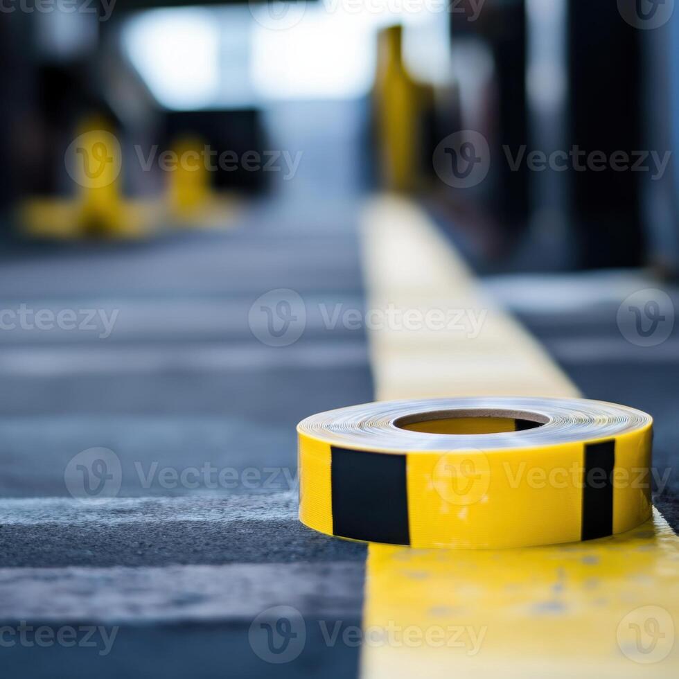Construction tape lines the floor in an industrial setting to ensure safety and organization photo