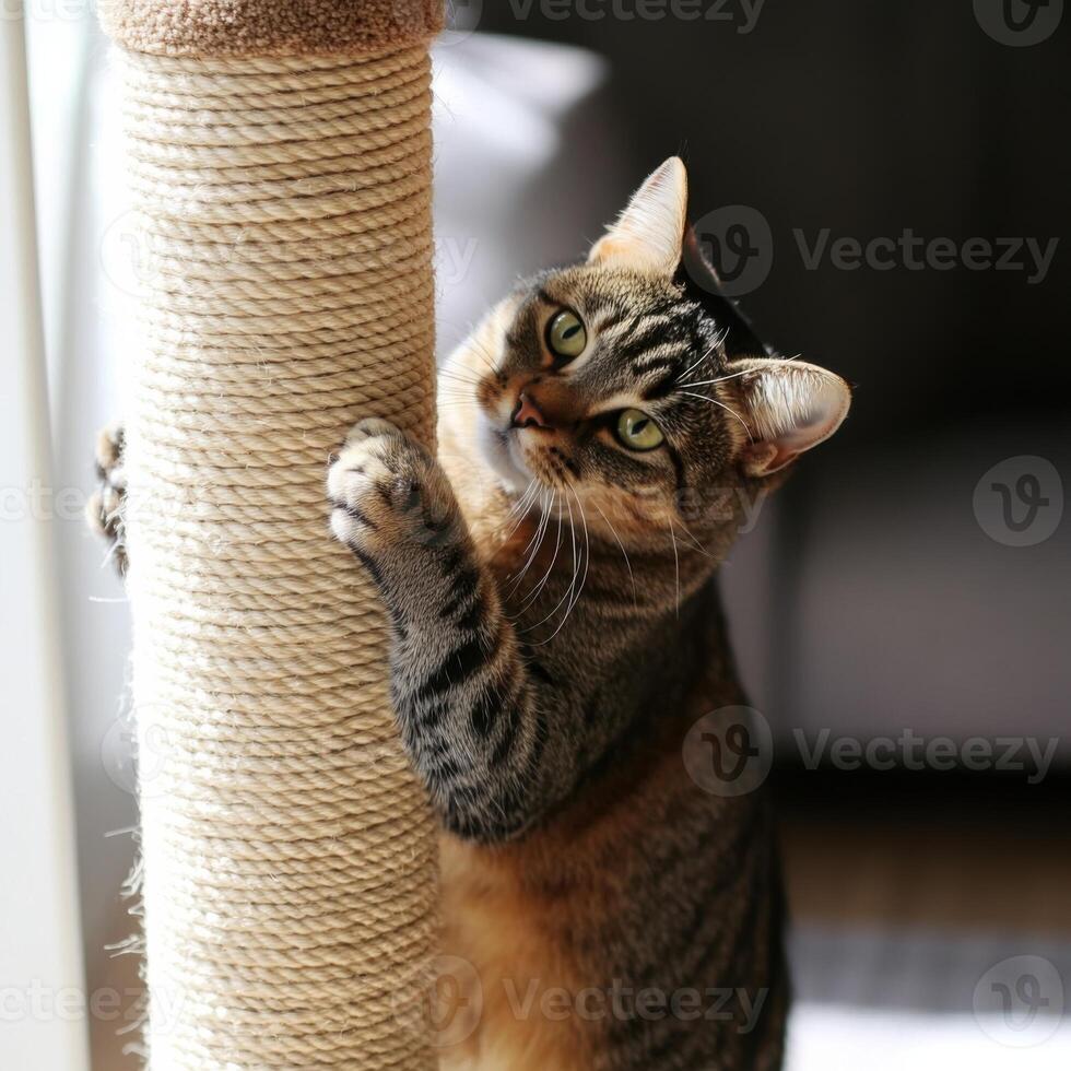 Curious cat enjoying time on a scratching post at home in bright sunlight photo