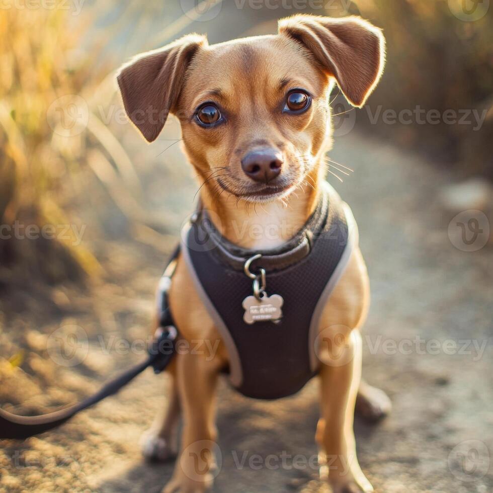 Small dog wearing a harness while sitting on a dirt path during golden hour photo
