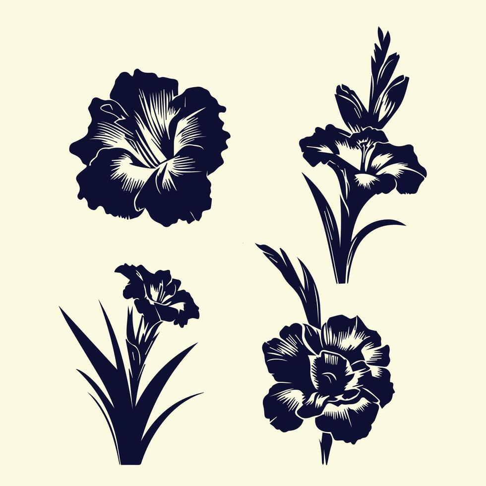 Four black and white flowers on a white background vector