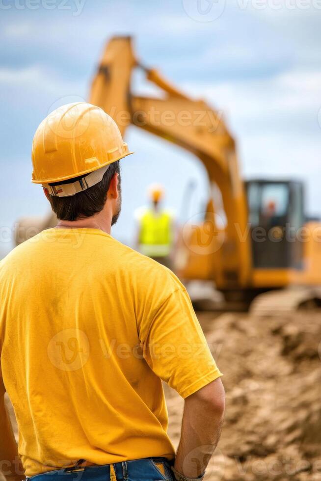 Excavator operator coordinates with construction team for effective safety measures during site work photo
