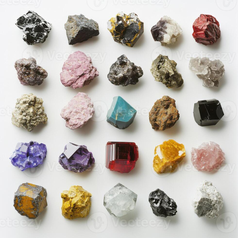Diverse collection of mineral samples showcasing unique colors and textures in a curated display photo