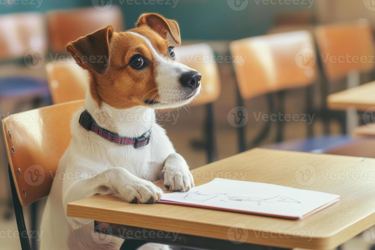 Dog at a classroom desk doodling while trying to concentrate during a lesson photo