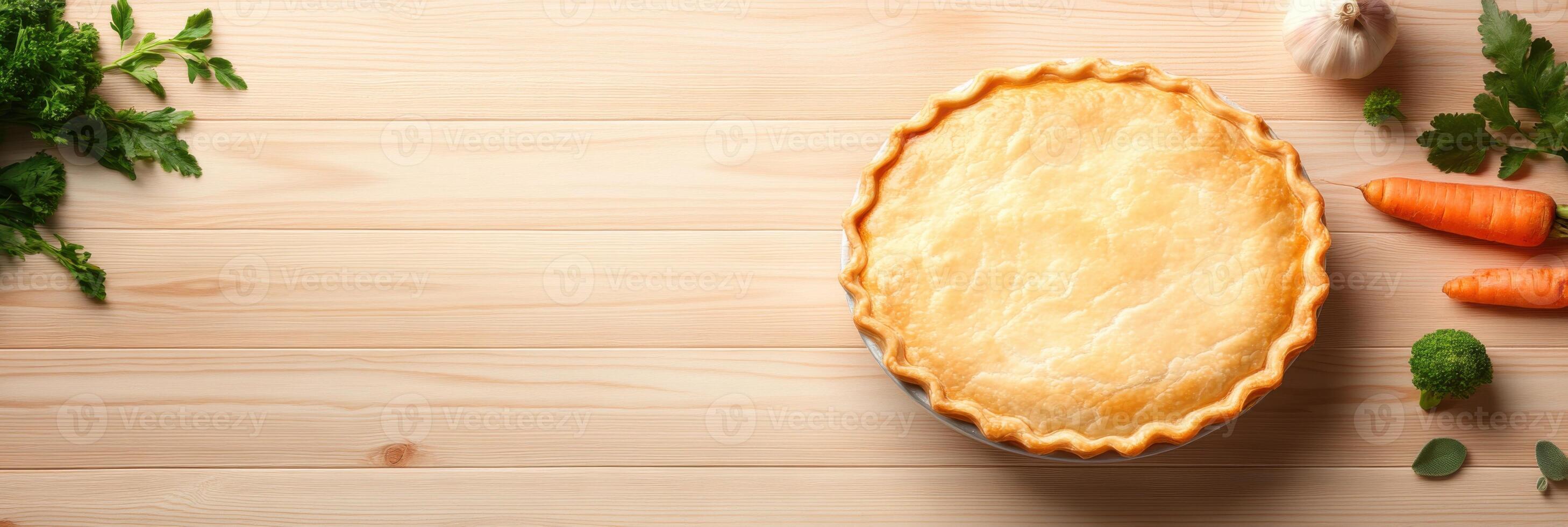 Golden chicken pot pie with flaky crust displayed on wooden table with fresh vegetables and herbs photo