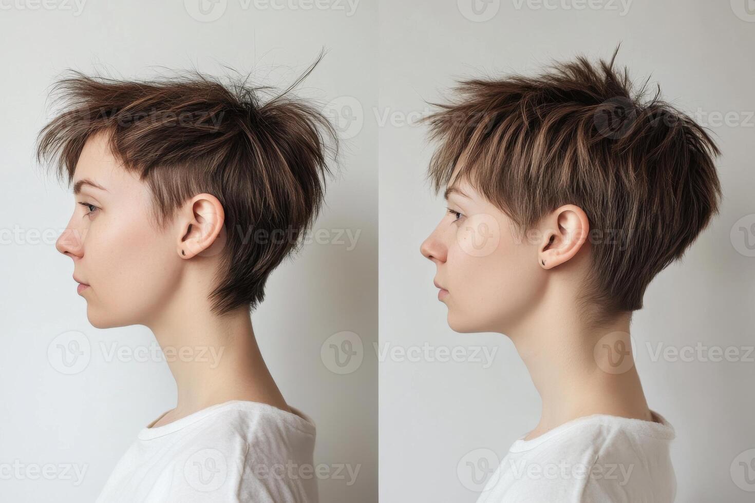Transformative hair experiment showing before and after of a hairstyle makeover with a trendy cut photo