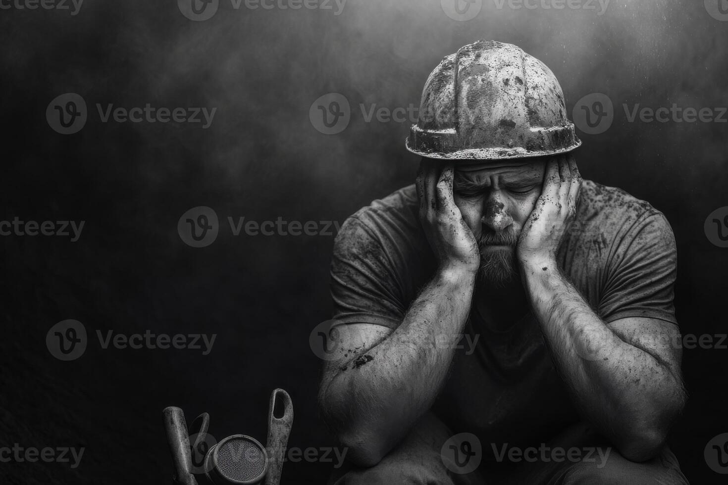 Miner takes a break underground, reflecting on the challenges of work in a soot-filled environment photo