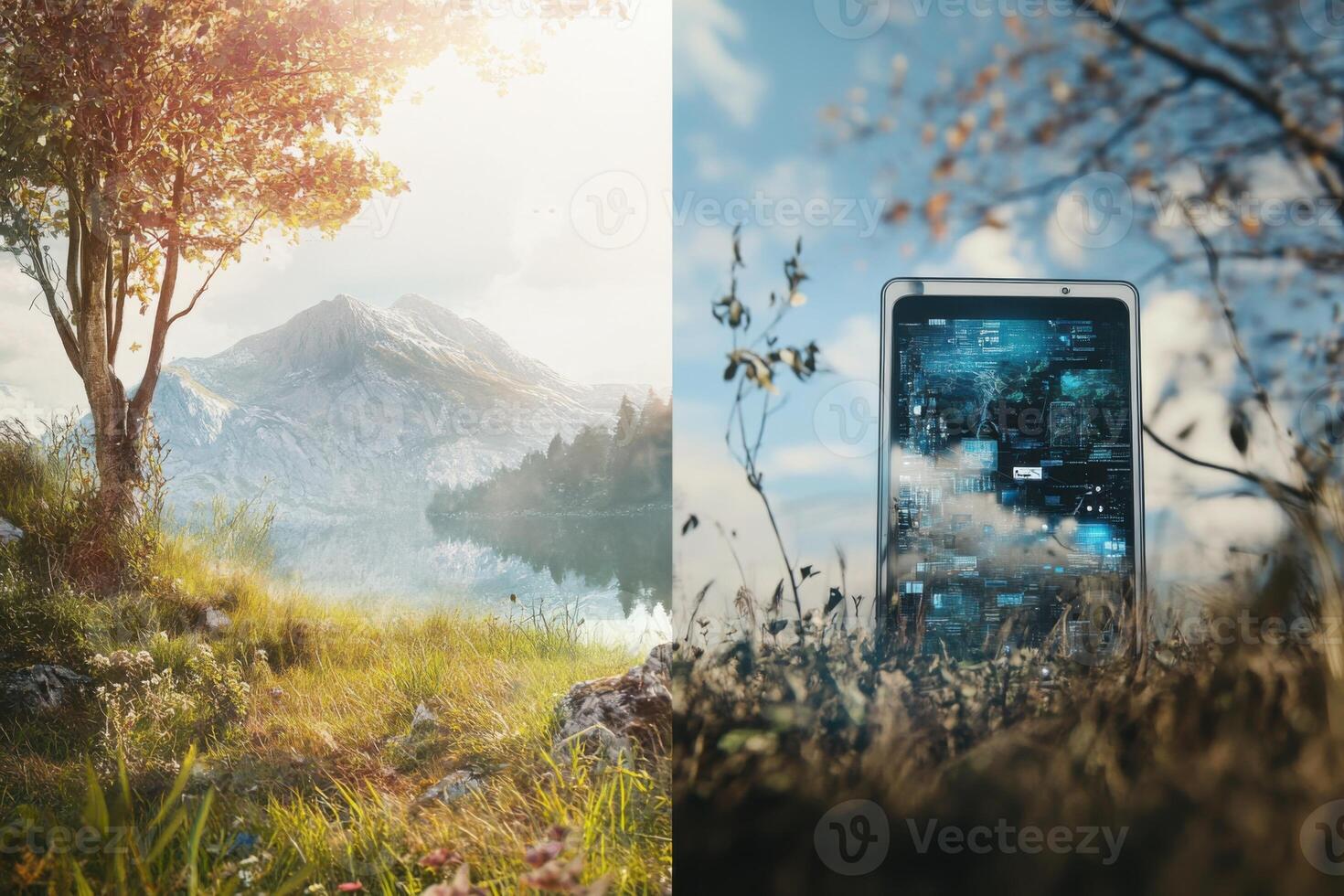Contrast between serene nature and chaotic digital landscapes reveals our gadget obsession photo