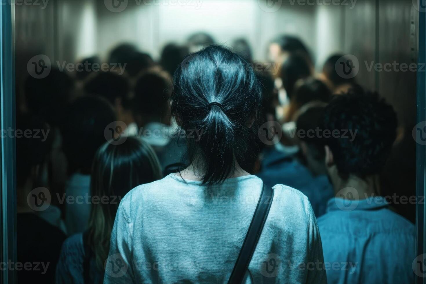 Person experiences panic in crowded elevator as doors begin to close in a claustrophobic situation photo