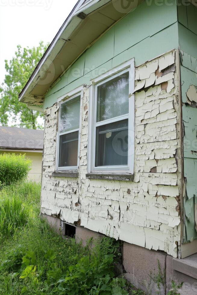 Peeling paint reveals the condition of a home before renovation in a suburban area photo