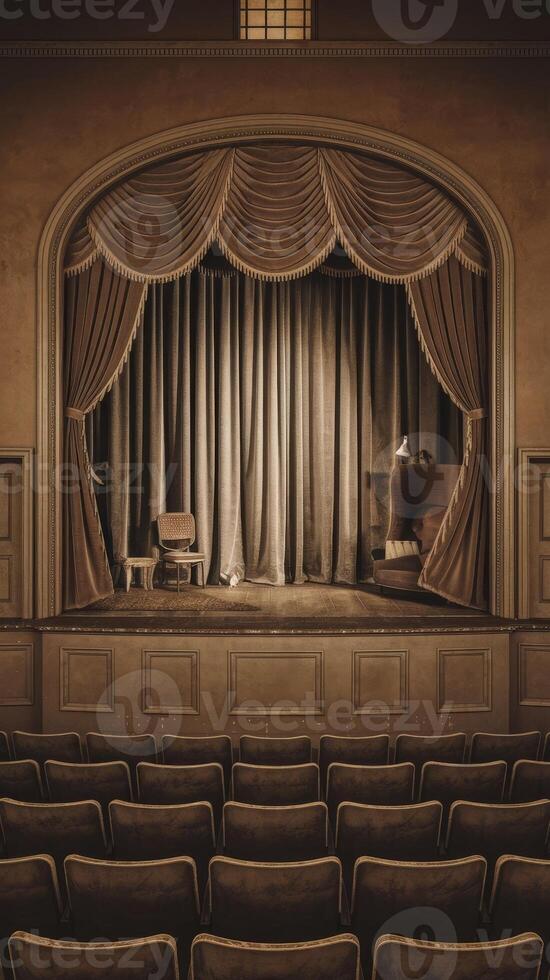 An empty theater with a curtain and chairs photo