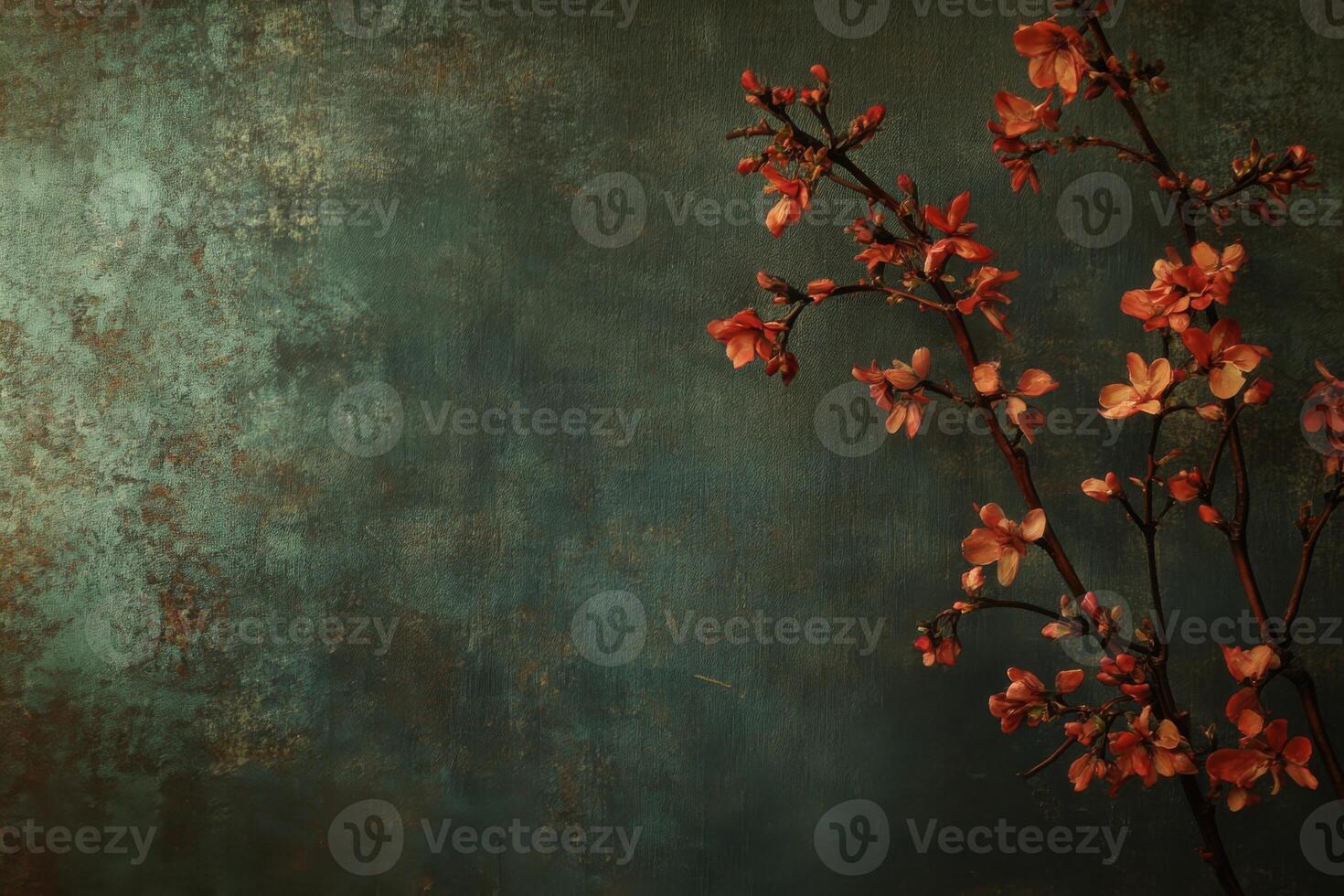 Modern velvet backdrop with delicate cherry blossoms in deep, luxurious colors and moody lighting photo