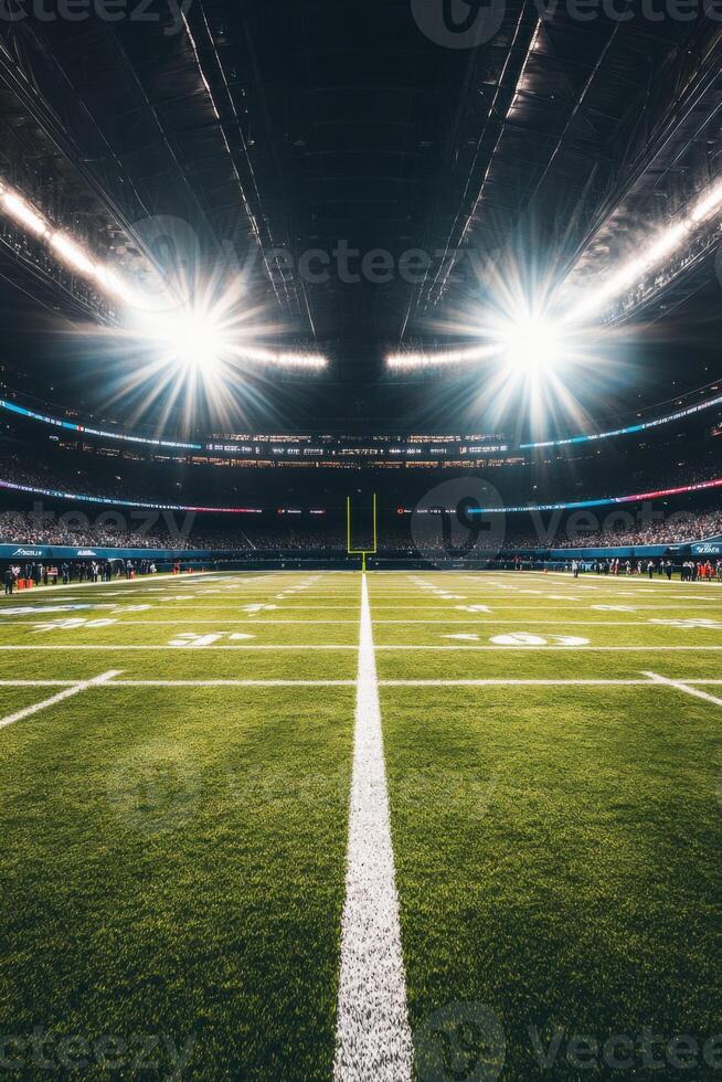 Bright stadium lights illuminate a pristine football field during the Super Bowl event photo