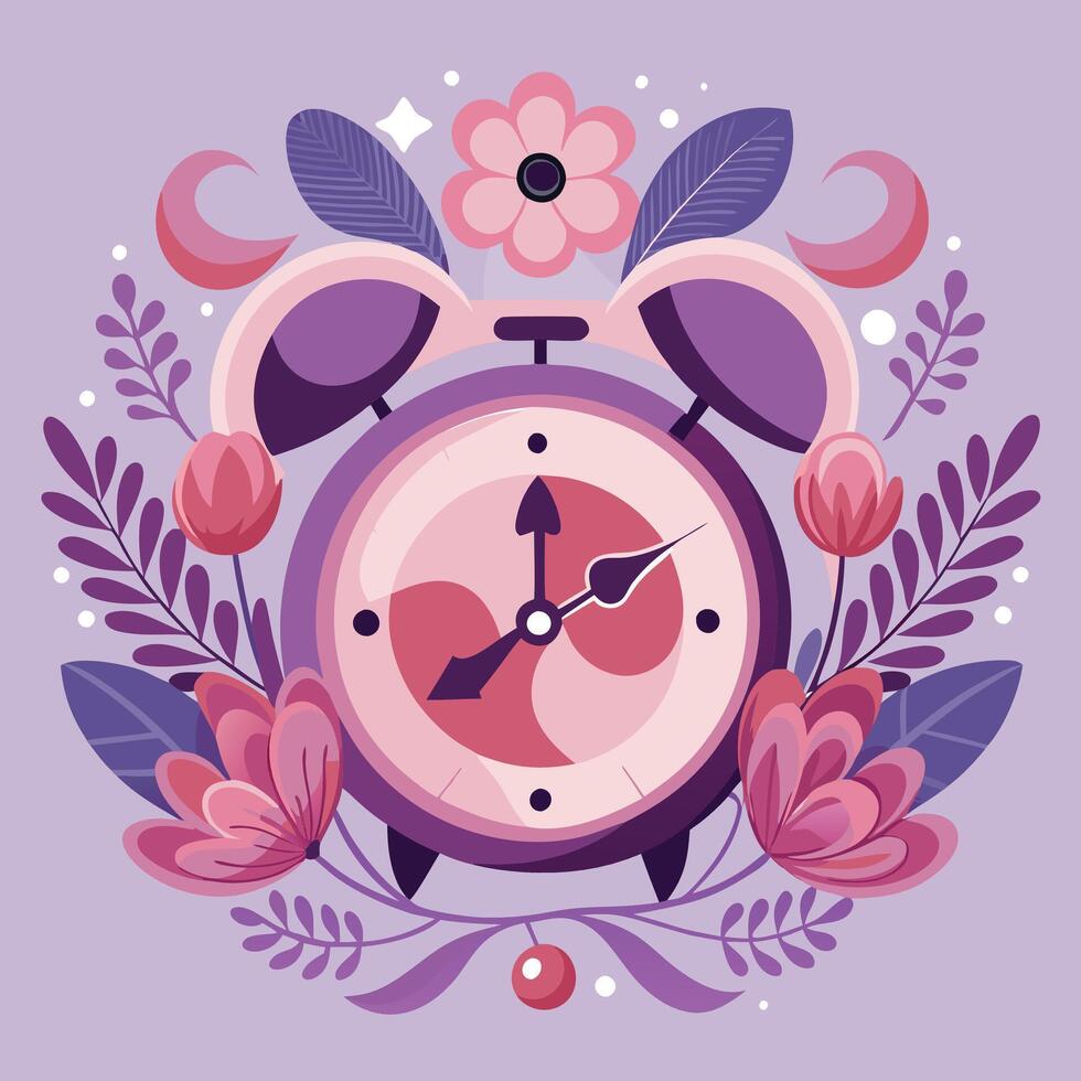 a clock with flowers and leaves on a purple background vector