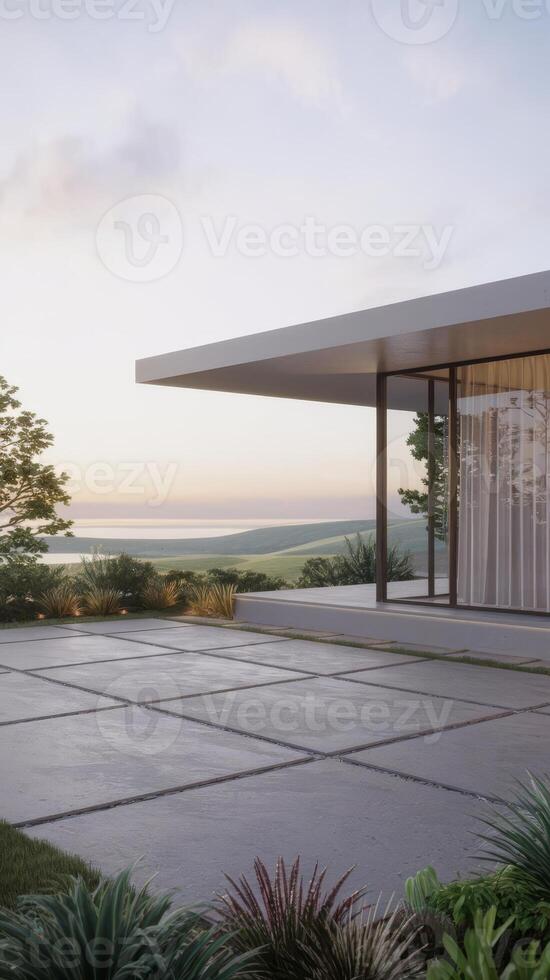 A modern house with a large patio and a view of the ocean photo