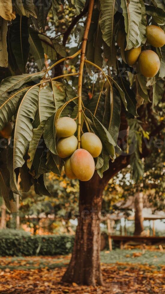 A mango tree with ripe fruit hanging from it photo