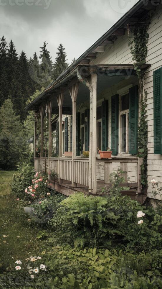 An old house with green shutters and flowers photo