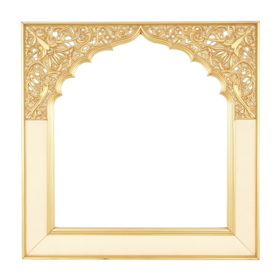 Islamic Ornate Golden Picture Frame with Arch and Floral Vine Motifs - Empty Decorative Frame for Quranic Verses or Islamic Art, Indoor Display, Classic Luxury Home Decor png