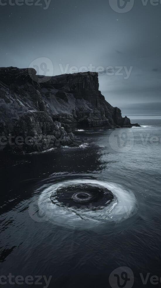 A black and white photo of a circular hole in the water