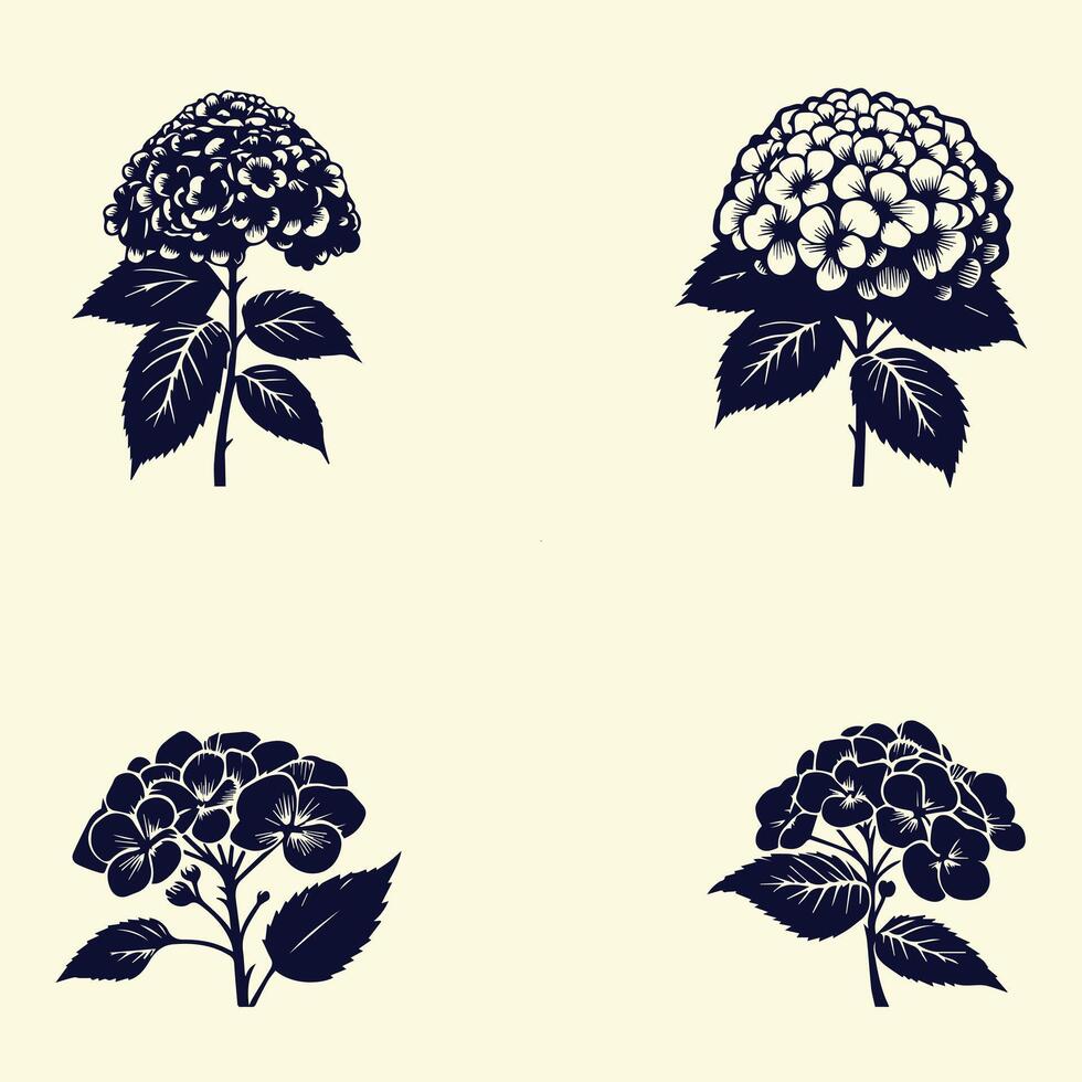 Four different types of flowers are shown in black and white vector
