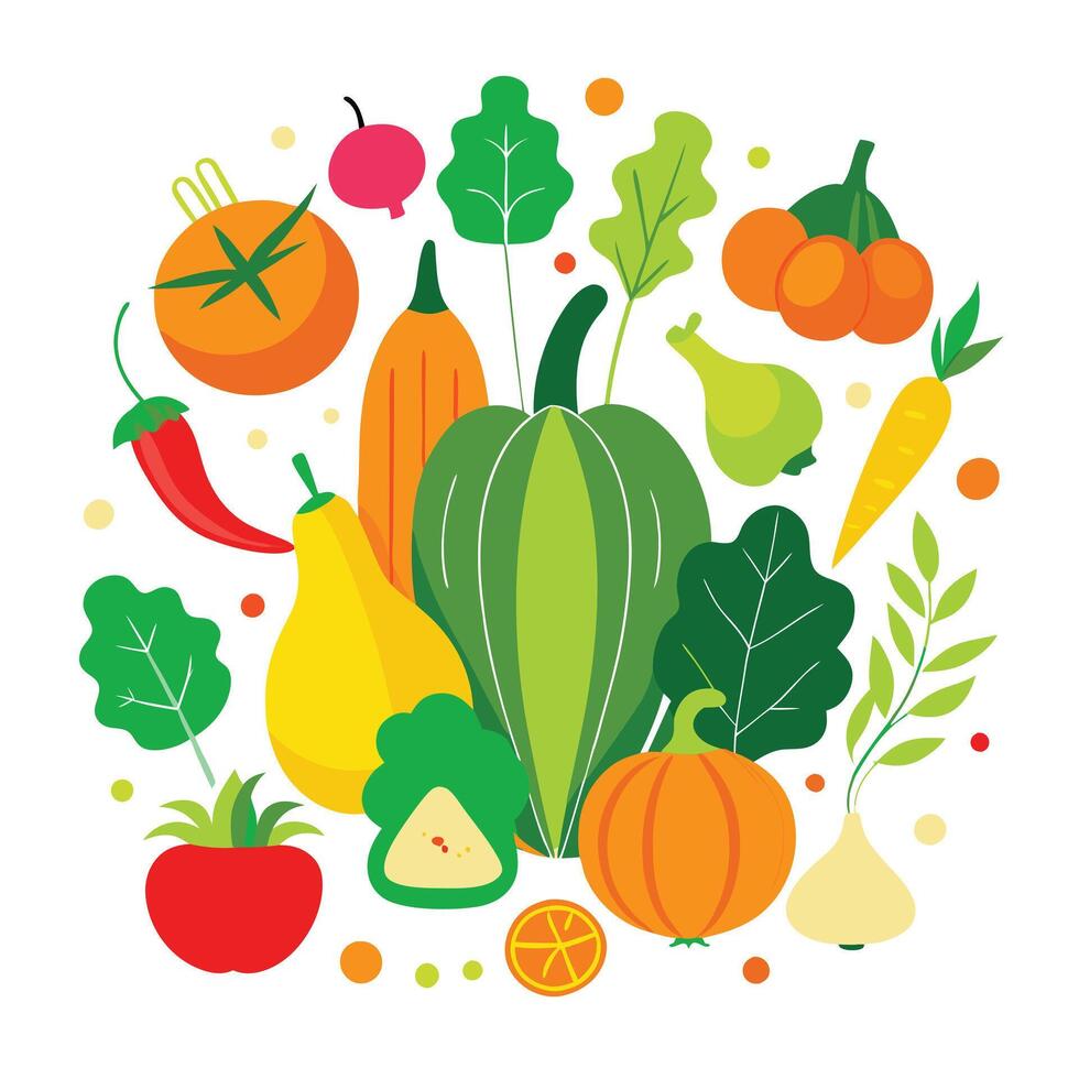 Vegetables and fruits in a circle vector