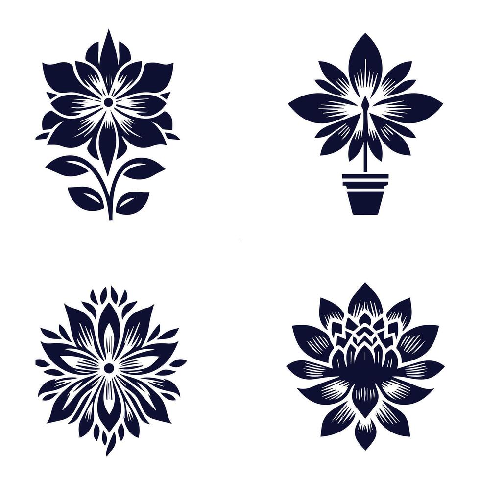 Four different flower designs in black and white vector