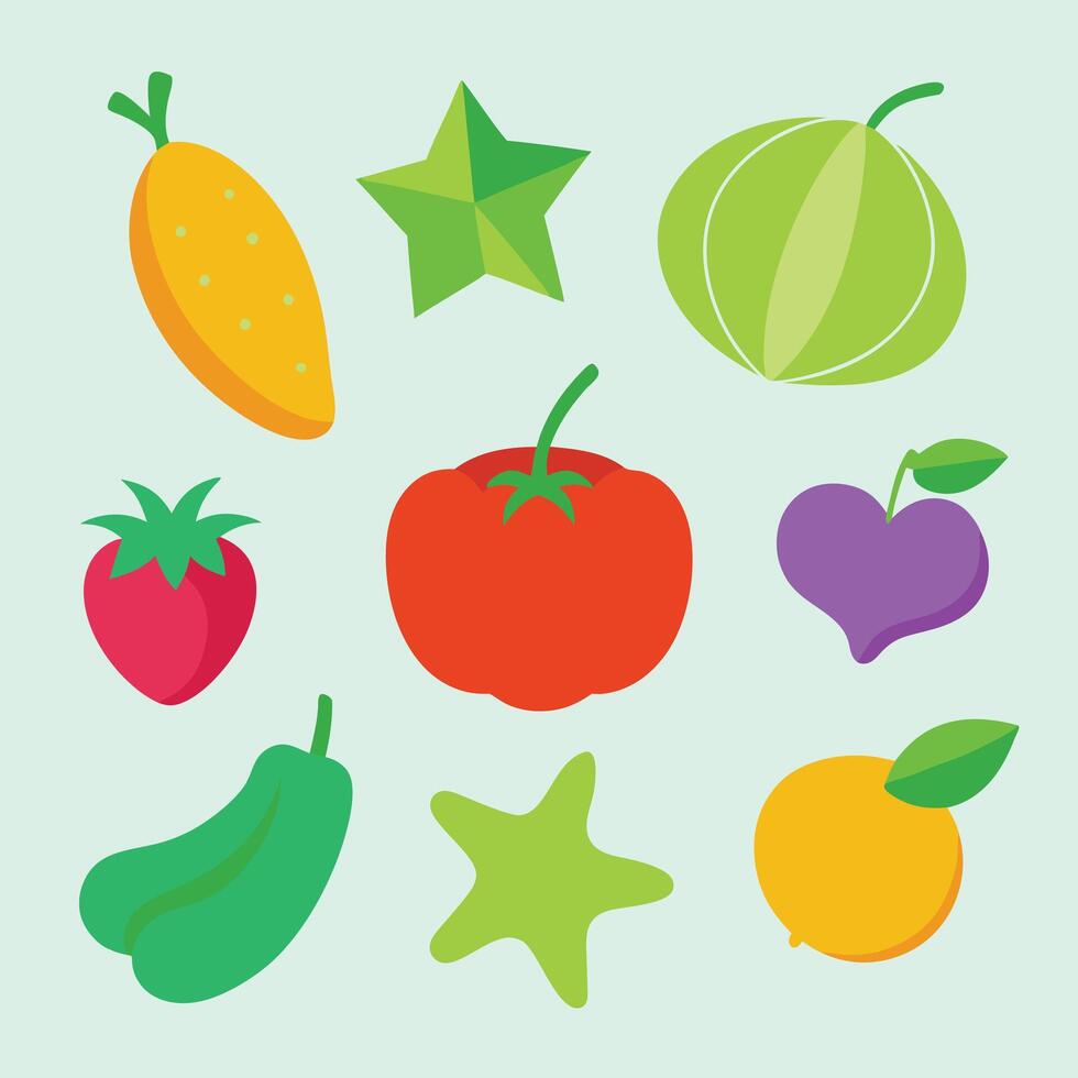 A set of fruits and vegetables on a light background vector