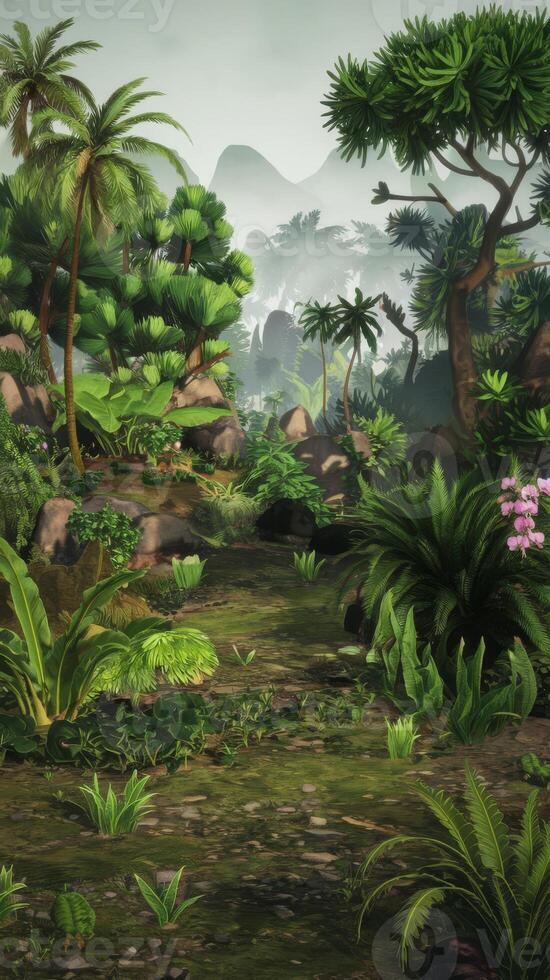 A jungle scene with plants and rocks photo