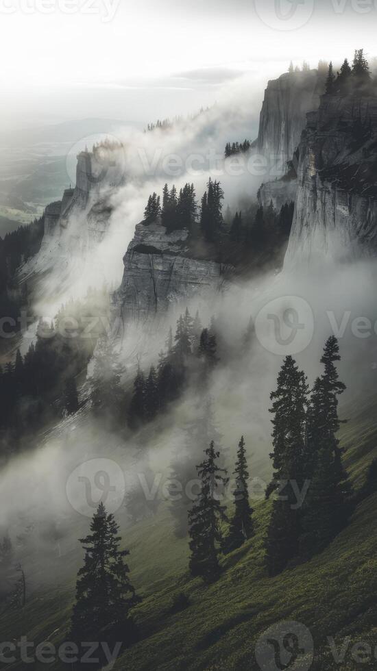 A mountain with fog and trees on top photo