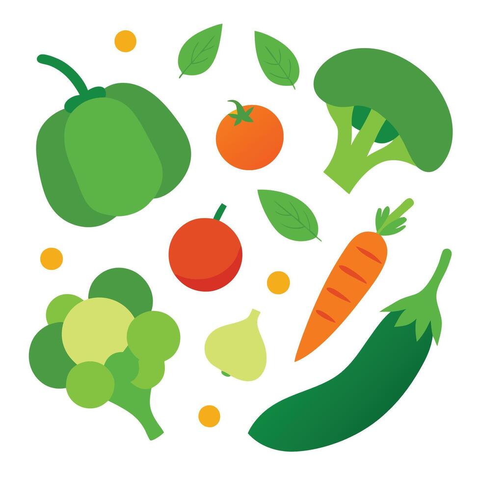 Vegetables and fruits are arranged in a flat design vector