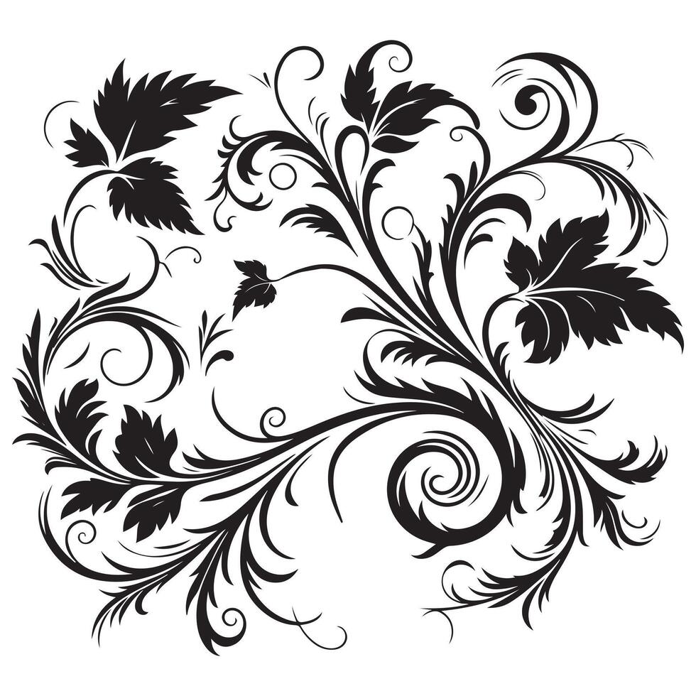 a black and white floral design with leaves on a white background vector