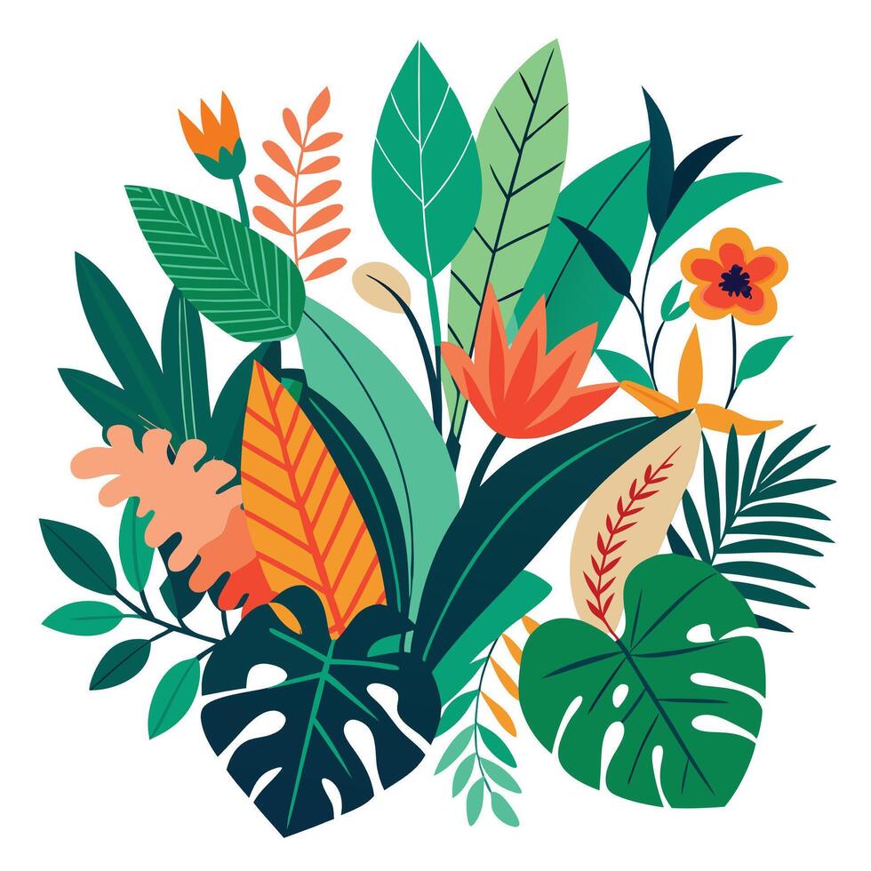 Tropical plants and flowers in a circle vector