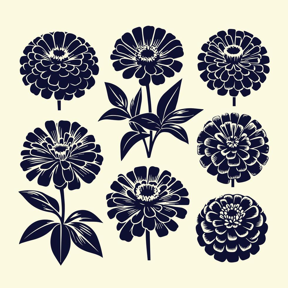 Set of black and white flowers, including a zinnia vector