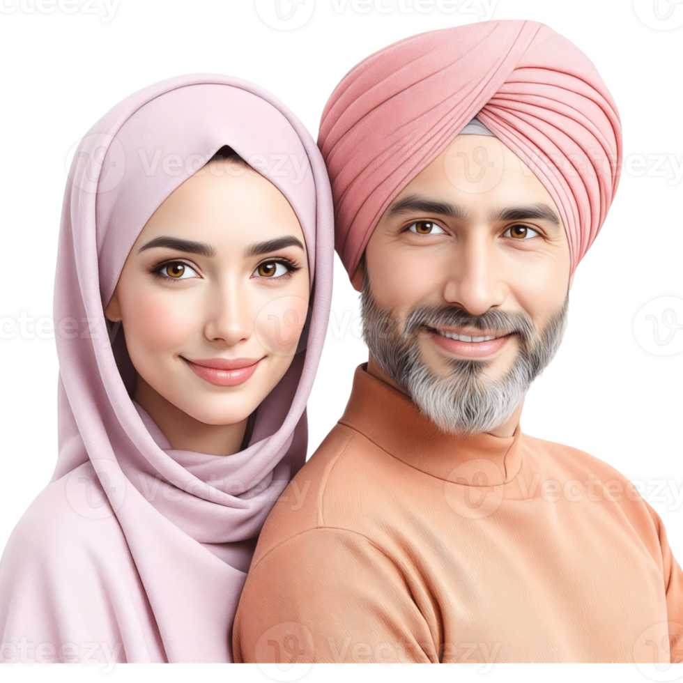 Couple Woman in Rose Pink Hijab Man in Beige Turban png