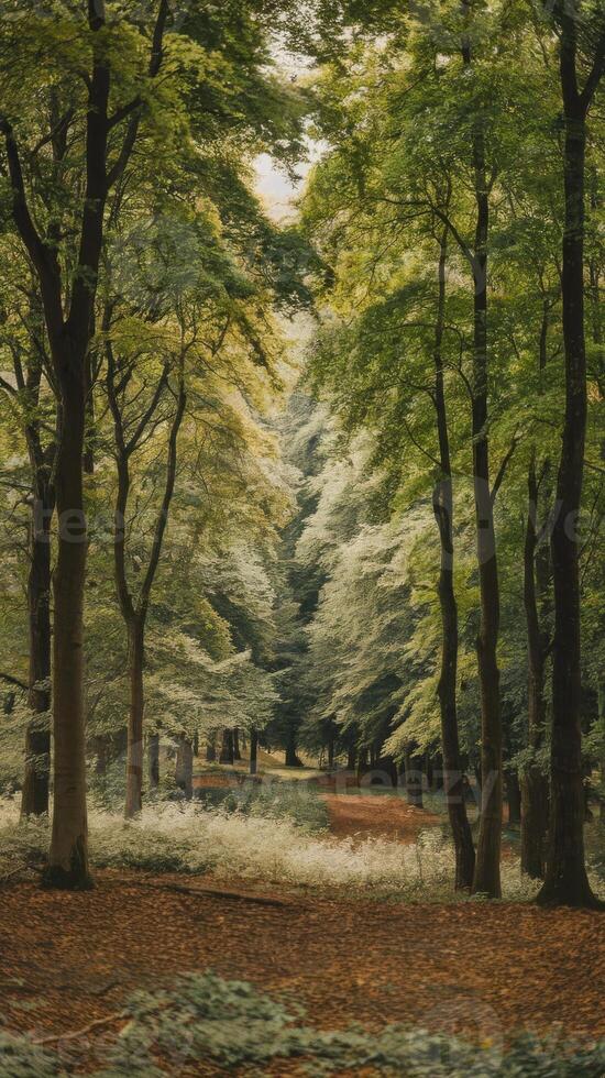 A path through a forest with trees and green leaves photo