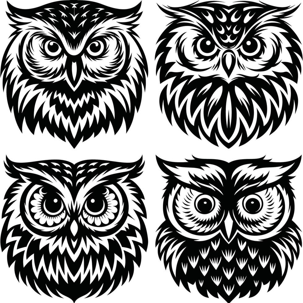 Intricate Black and White Owl Tattoo Design with Detailed Feathers and Sharp Eyes vector