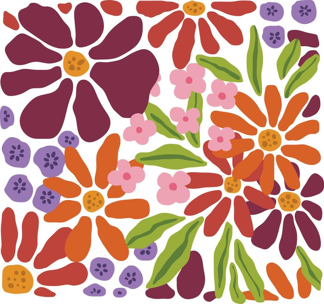Colorful floral pattern with various flower shapes and sizes vector