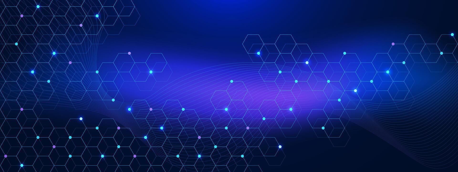 Abstract hexagons pattern and wave flow. Molecular structure, DNA molecules for medical, science and technology concept vector