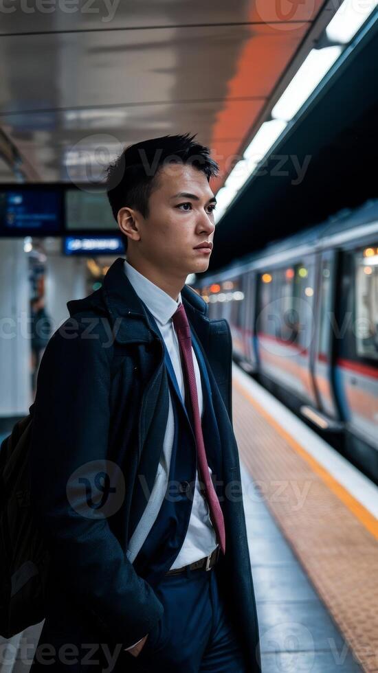 A man in a suit and tie standing in front of a train photo