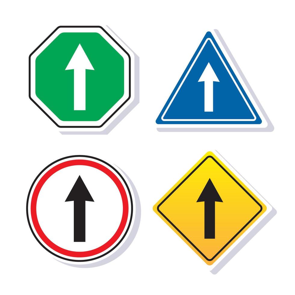 Cute collection of Straight ahead sign board with four shape inside isolated on white background. Traffic road sign symbol vector