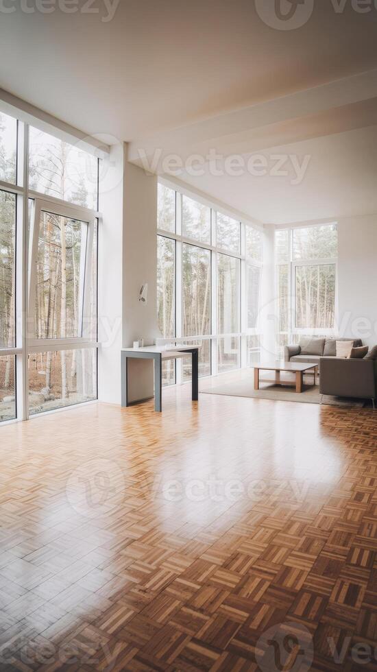 Empty living room with wood floors and large windows photo
