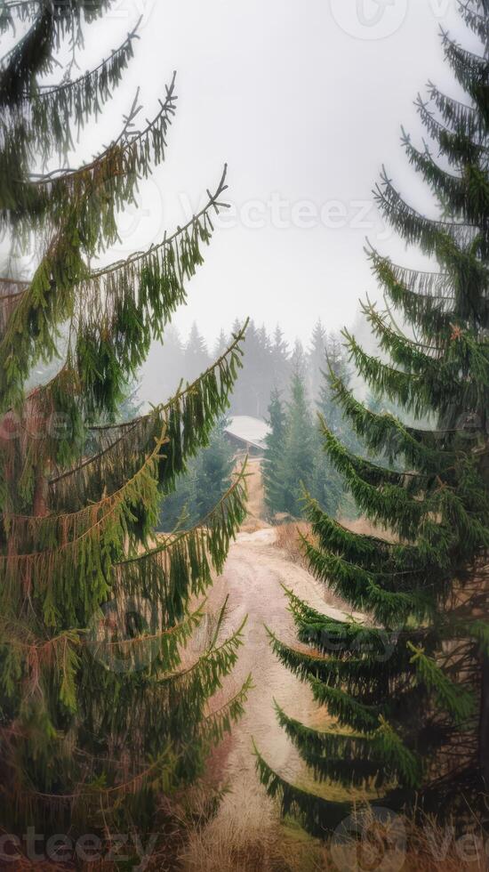 A dirt road through a forest with trees photo