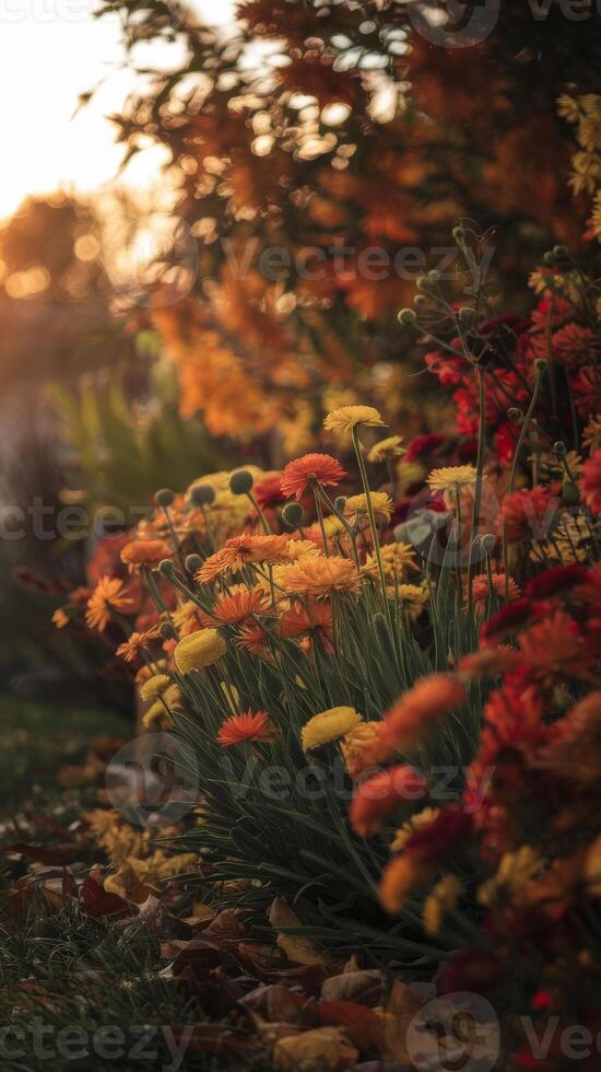 Autumn flowers in the garden at sunset photo