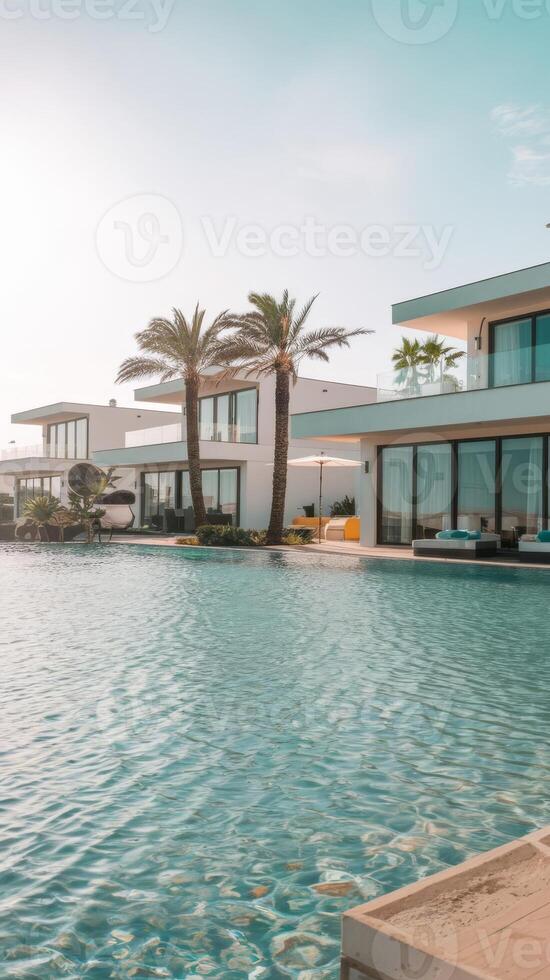 A luxury villa with a swimming pool and palm trees photo