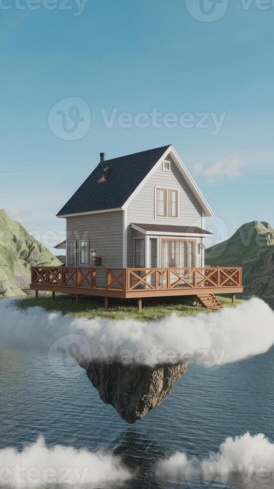 A house floating in the sky over a lake photo