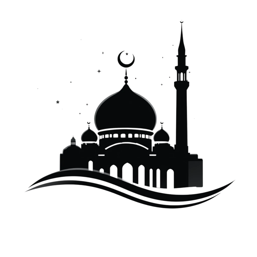 A striking silhouette of a mosque features a large dome adorned with a crescent moon and star. png